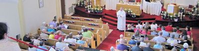 The sanctuary of 15th Avenue Christian Church during Sunday worship
