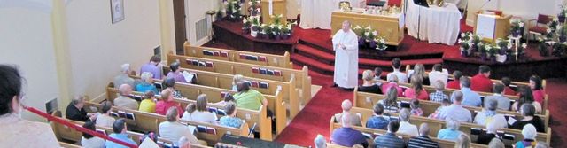 The sanctuary of 15th Avenue Christian Church during Sunday worship